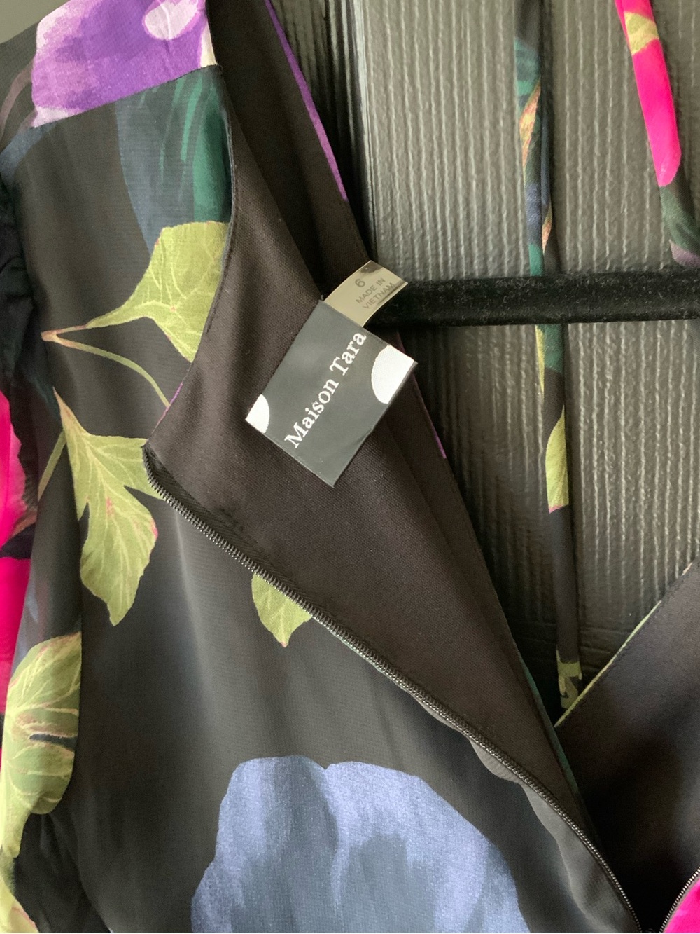 Maison Tara Black Midi Dress with Pink & Purple Floral Print - Picture 3 of 5